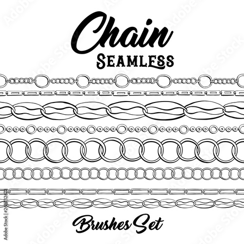 Black chains hand drawn pattern brushes. Vertical bracelets ink pen texture. Monochrome jewellery coloring book or page design. Fashion jewelry contour background.