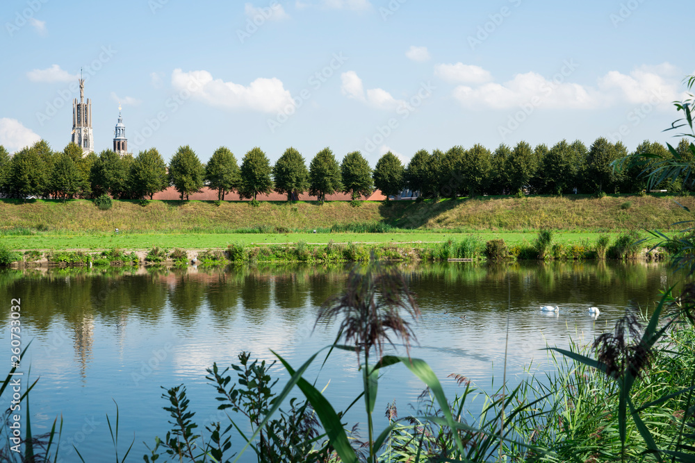 Fototapeta premium skyline of Hulst with water and Sint Willibordus Basilica, The Netherlands