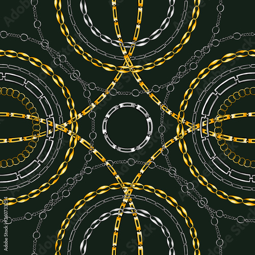 Chain rings hand drawn vector seamless pattern. Glamour ornate texture. Golden and silver chainlet on dark background. Precious bijouterie ornament. Wallpaper, wrapping paper design