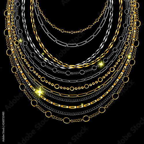 Golden and Silver Chain Neck Lace. Vector isolated on Black Background with Stars and Glowing Lights. Trendy Accessory Illustration