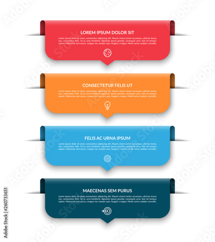 Infographic template with 4 colorful arrows, labels, tags. Can be used for diagram, step options, chart, report, web design