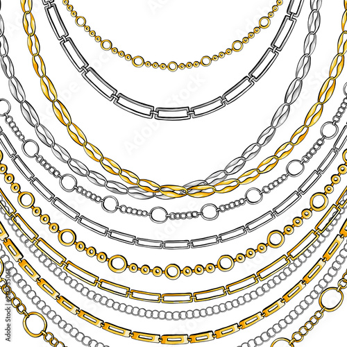 Golden and Silver Chain Neck Lace. Vector isolated on White Background with Stars and Glowing Lights. Trendy Accessory Illustration
