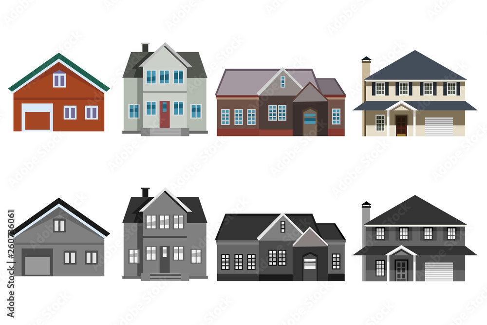 Set of four private homes in two color shapes, colored and black and white. Set of four private homes in two color shapes, colored and black and white.