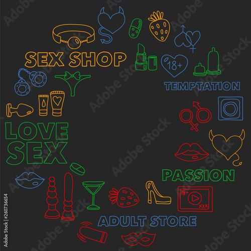 Vector set with sex shop icons. Erotic fetish games background.