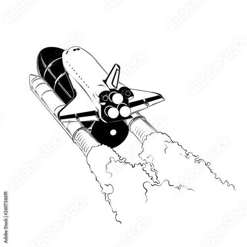Hand drawn sketch of shuttle in black color, isolated on white background. Drawing for posters, decoration and print. Vector illustration