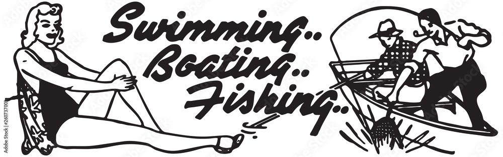 Obraz premium Swimming Boating Fishing - Retro Ad Art Banner