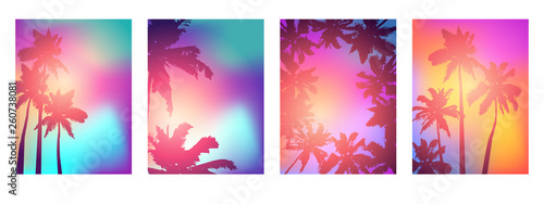 Background with silhouette of palm trees and tropical sunrise. Vector iilustration