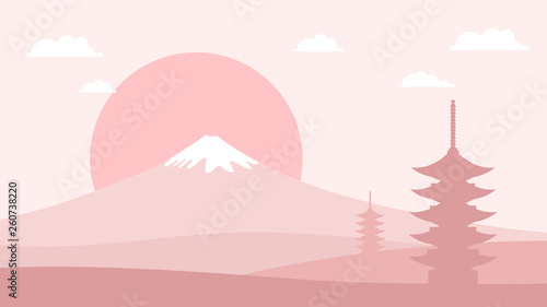 Japanese Landscape Background with Mountain Fuji, sunrise and Pagoda. Travel postcard poster of Japan in light pink color gamma. advertising Tour panorama of world famous landmarks.