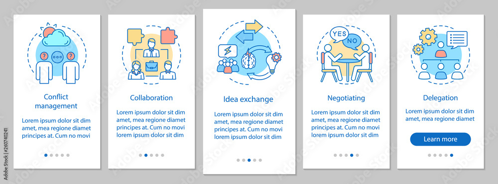 Obraz premium Management skills and qualities onboarding mobile app page screen vector template