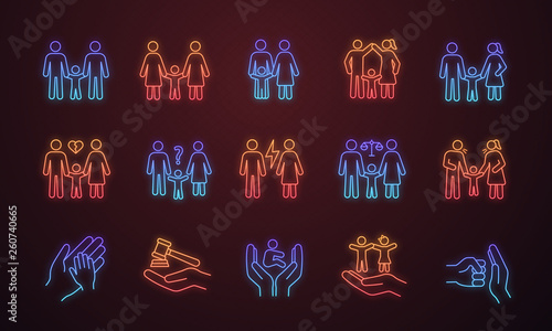 Child custody neon light icons set