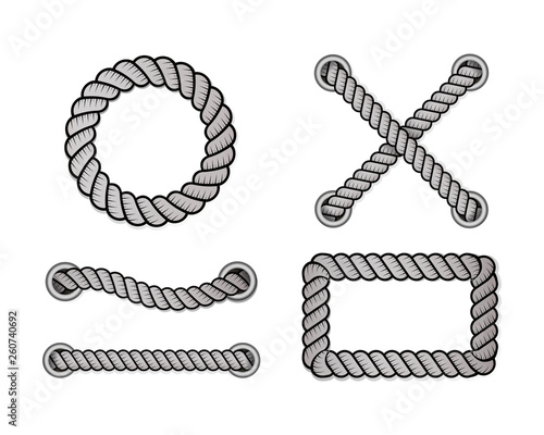 Rope for decoration and covering, nautical twisted rope knots. Round and square rope frames, cord borders. Decoration elements. Vector illustration.