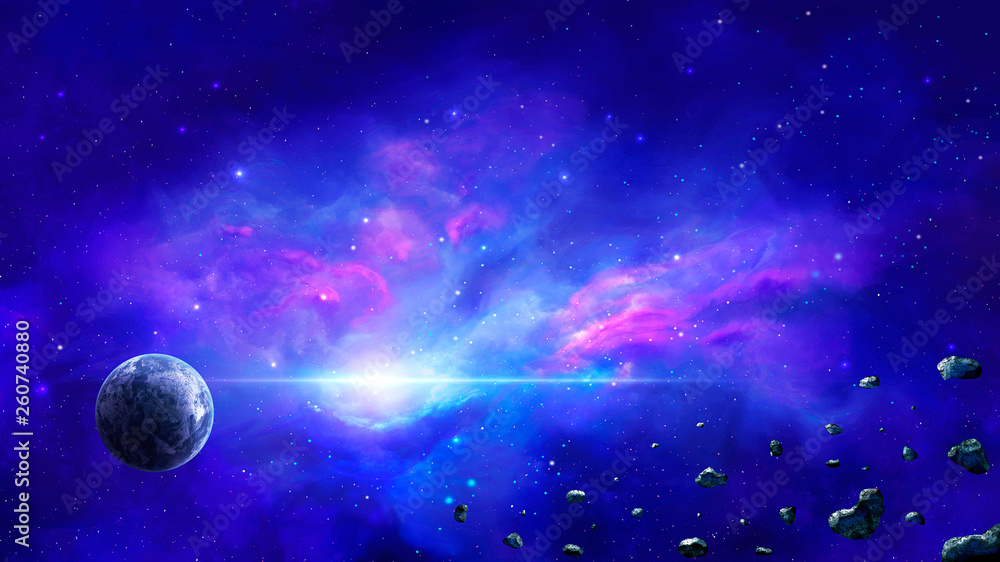 Space scene. Colorful nebula with planet and asteroid. Elements furnished by NASA. 3D rendering