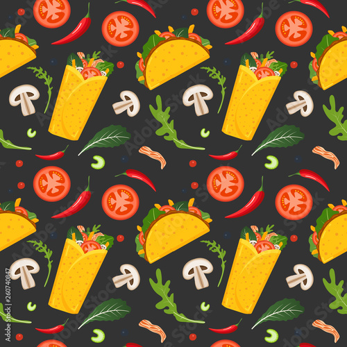 Mexican food seamless pattern. Burrito, taco, hot pepper and green lettuce. Colorful background, cute style. Vector illustration.