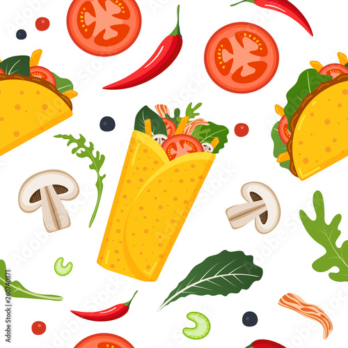 Mexican food seamless pattern. Burrito, taco, hot pepper and green lettuce. Colorful background, cute style. Vector illustration.