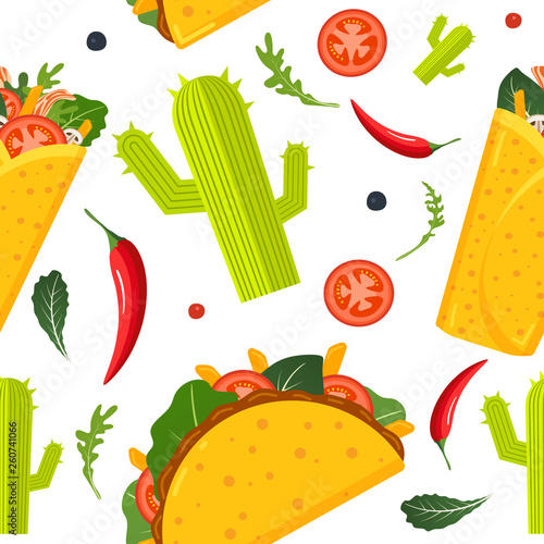 Mexican food seamless pattern. Burrito, taco, hot pepper and green lettuce. Colorful background, cute style. Vector illustration.
