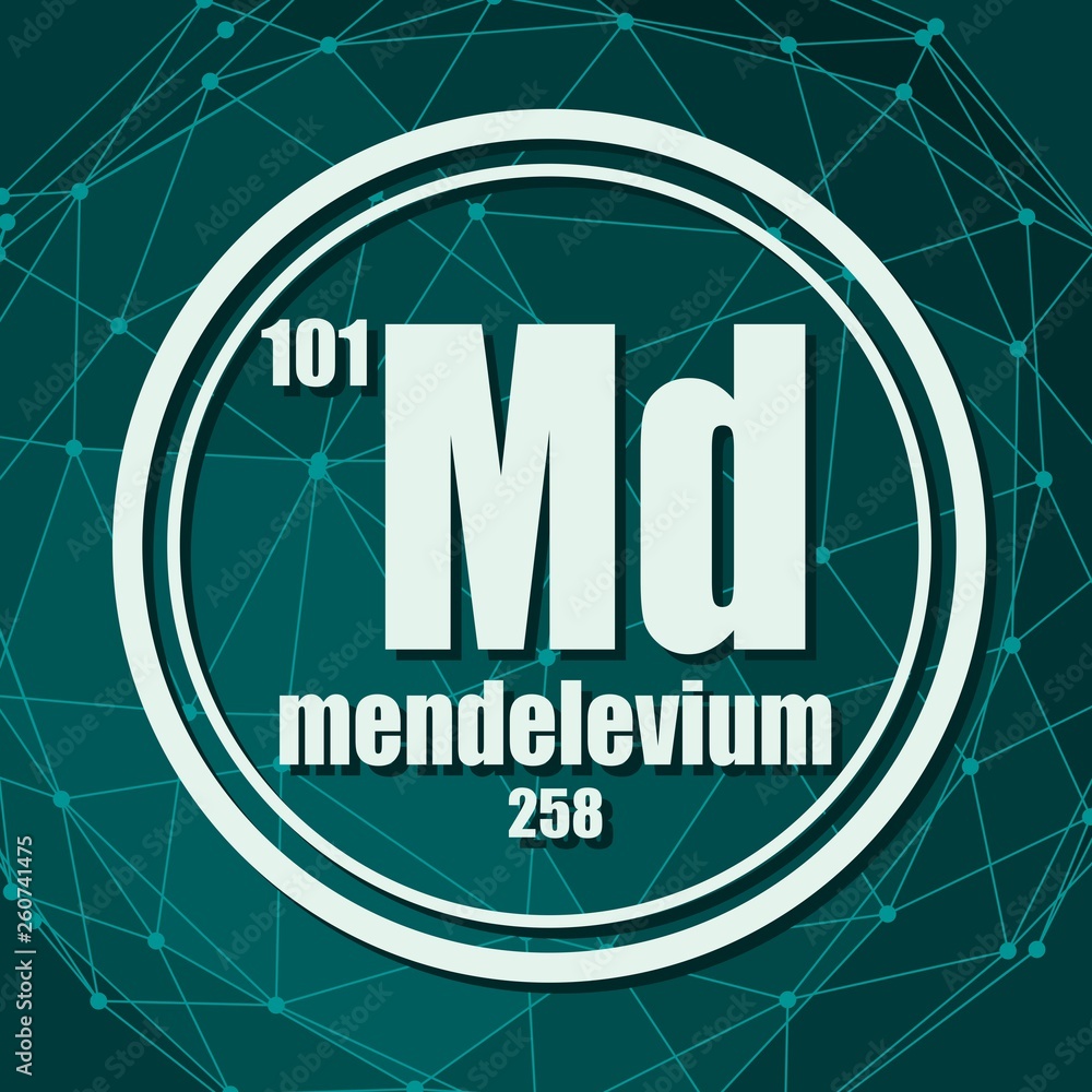 Mendelevium chemical element. Sign with atomic number and atomic weight. Chemical element of periodic table. Molecule And Communication Background. Connected lines with dots.