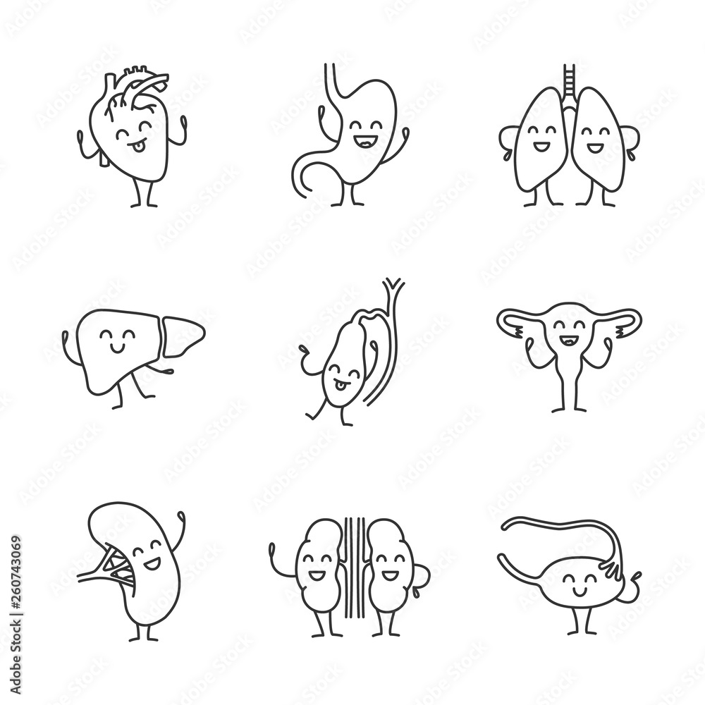 Smiling human internal organs characters linear icons set