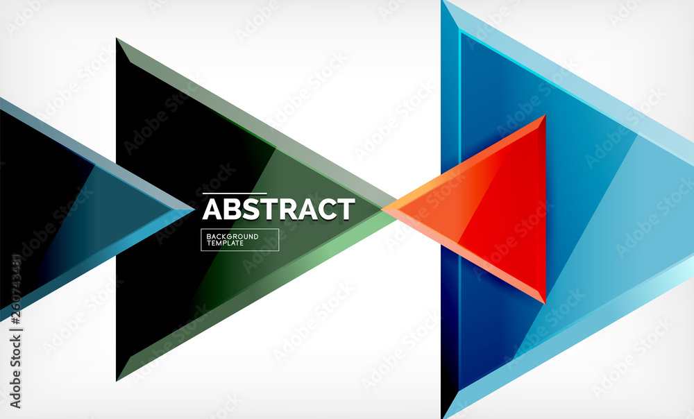 Triangles repetiton geometric abstract background, multicolored glossy triangular shapes, hi-tech poster cover design or web presentation template with copy space Triangles repetiton geometric abstract background, multicolored glossy triangular shapes, hi-tech poster cover design or web presentation template with copy space