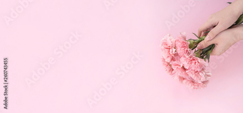 Woman giving bunch of elegance blooming baby pink color tender carnations isolated on pale pink background, mothers day decor design concept, top view, close up, copy space