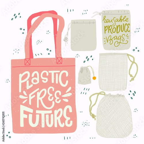 Set of reusable tote, shopping and produce bags