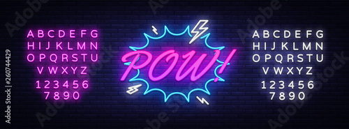 Pow Neon Text Vector. Comic lettering Pow neon sign, design template, modern trend design, night neon signboard, speech bubble, light banner. Vector illustration. Editing text neon sign