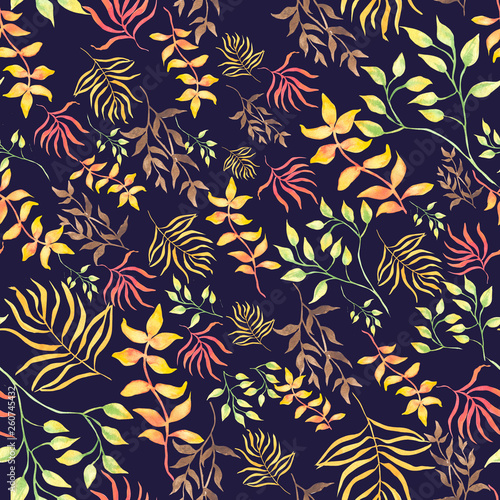 watercolor seamless pattern with autumn leaves on a deep blue background