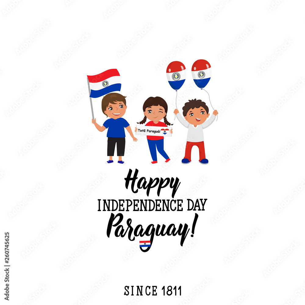 Paraguay Independence day greeting card. text in Guarani: Paraguay. May 14th and 15th. kids logo