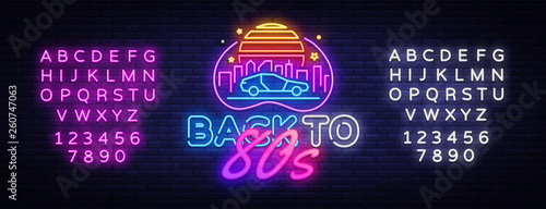 Back to the 80s neon sign vector. 80 s Retro style Design template neon sign, light banner, neon signboard, nightly bright advertising, light inscription. Vector. Editing text neon sign