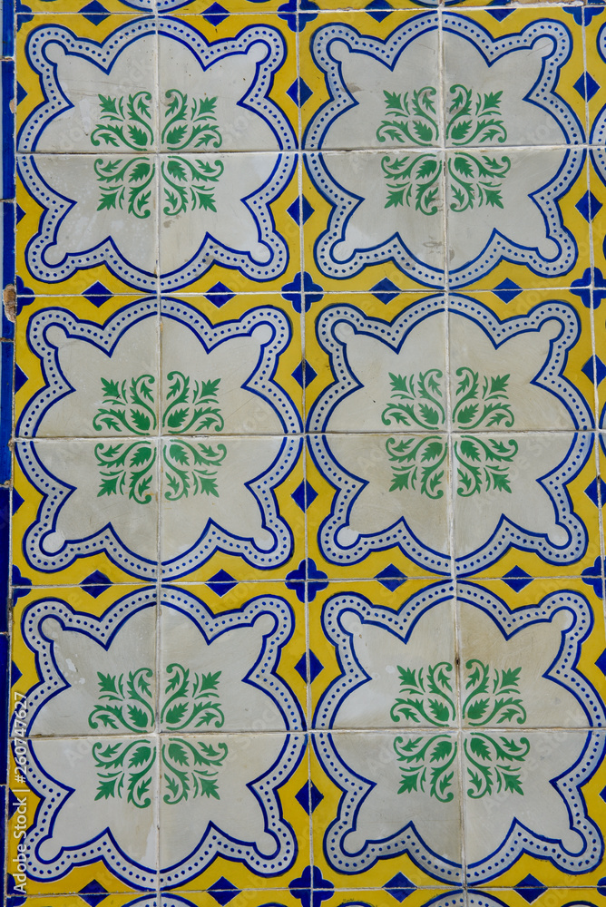 Detail of the traditional Portuguese colonial tiles from facade of old house in Sao Luis, Brazil
