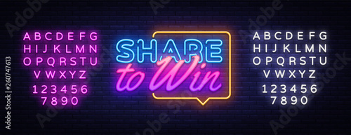 Share to Win neon text vector design template. Share to Win neon sign, light banner design element colorful modern design trend, night bright advertising, bright sign. Vector. Editing text neon sign