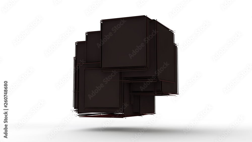 3D illustration of red cubes fused into one on white isolated background. Cubes are different, break into segments, fragments, many small fragments, explode Abstract image. 3D rendering, background. 3D illustration of red cubes fused into one on white isolated background. Cubes are different, break into segments, fragments, many small fragments, explode Abstract image. 3D rendering, background.