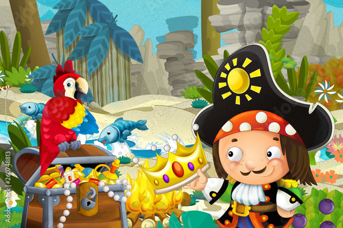 cartoon scene with pirate and treasure and parrot in the jungle - illustration for children
