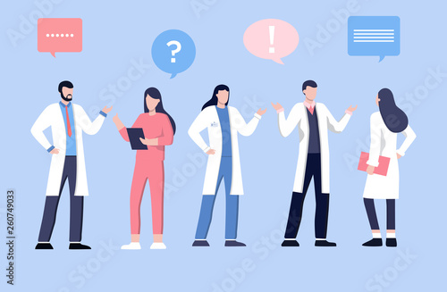 Male and feamle doctor talking with patients. Healthcare services, Ask a doctor. Therapist in uniform with stethoscope. Gynecologist and urologist, medical team concept. Medical clinic staff. photo