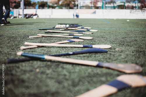 Hurls on pitch, Gaelic Games. 