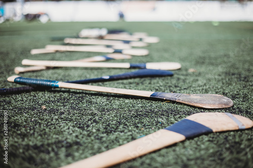 Hurls on pitch, Gaelic Games. 