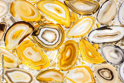 Onyx slice. Stone cut. Yellow stones . Many slices of yellow bright stones.