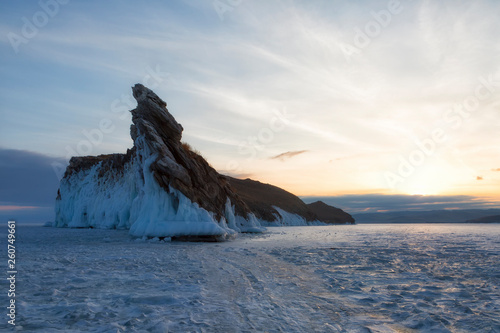 Dragon rock at Ogoy island, Baikal lake on sunise , Russia photo