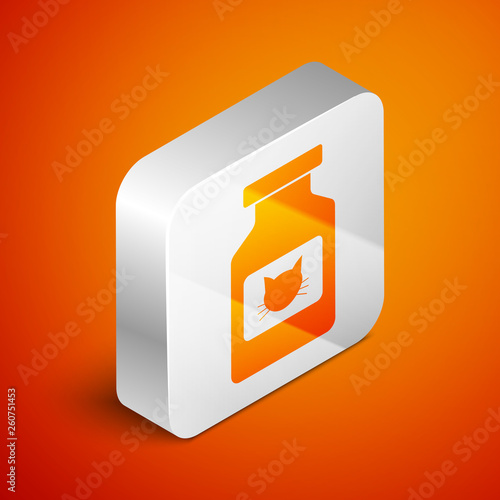 Isometric Cat medicine bottle icon isolated on orange background. Container with pills. Prescription medicine for animal. Silver square button. Vector Illustration