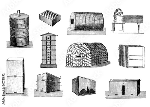 Set of Vintage Vector Drawings or Antique Engraving Illustrations of Various Bee Hives or Beekeeping Tools.