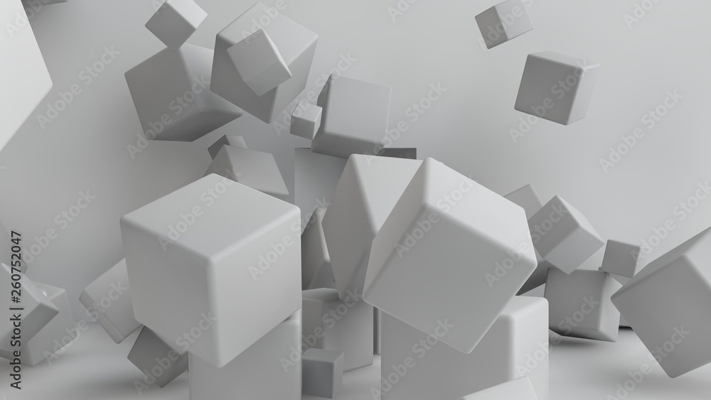 Obraz premium 3D ilustracja kostki o różnych rozmiarach latające po pokoju. Kostki w powietrzu, losowo rozmieszczone i wypaczone w przestrzeni, rzucają cienie. Abstrakcja geometryczna. 3D rendering wybuchu