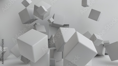 3D illustration of cubes of different sizes flying around the room. Cubes in the air, randomly distributed and warped in space, cast shadows. Geometrical abstraction. 3D rendering of the explosion