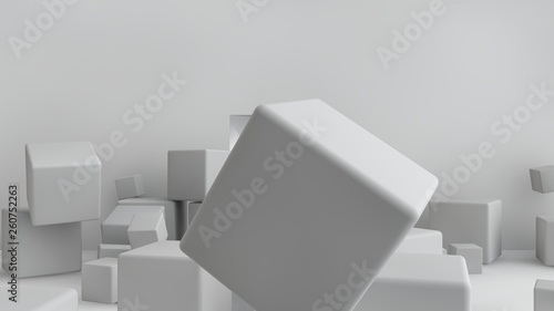 3D illustration of cubes of different size scattered randomly around the room. Cubes are chaotic in space  piling up and messing up. 3D rendering of a set of geometric shapes.