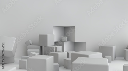 3D illustration of cubes of different size scattered randomly around the room. Cubes are chaotic in space, piling up and messing up. 3D rendering of a set of geometric shapes. © Станислав Чуб