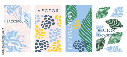 Trendy tropical leaves invitations and card template design.