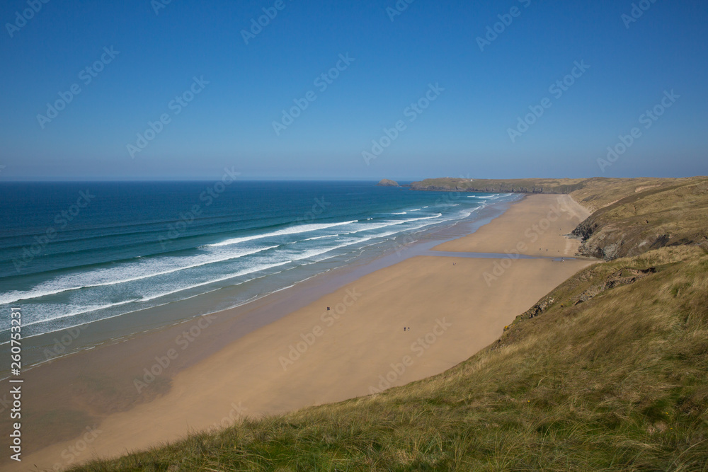 Perran sands Perranporth North Cornwall England UK viewed from the coast path towards Penhale Sands