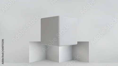 3D illustration of a gray cube in a room with cubic cells. The cube hangs in the air casting shadows. Geometrical abstraction. 3D rendering