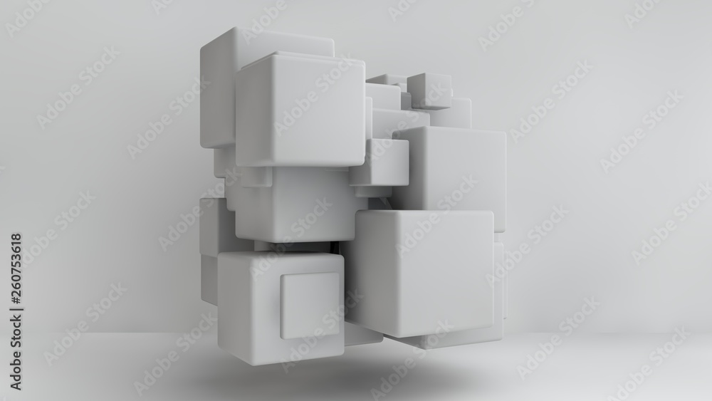 Obraz premium 3D ilustracja białych kostek o różnych rozmiarach w pokoju. Kostki wiszą w powietrzu, losowo rozmieszczone w przestrzeni, rzucając cienie. Abstrakcja geometryczna. Renderowanie 3D
