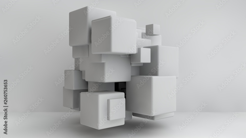 3D illustration of white cubes of different sizes in the room. Cubes hang in the air, randomly distributed in space, casting shadows. Geometrical abstraction. 3D rendering 3D illustration of white cubes of different sizes in the room. Cubes hang in the air, randomly distributed in space, casting shadows. Geometrical abstraction. 3D rendering