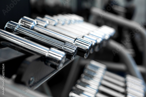 Rows of dumbbells in the gym. sport equipment