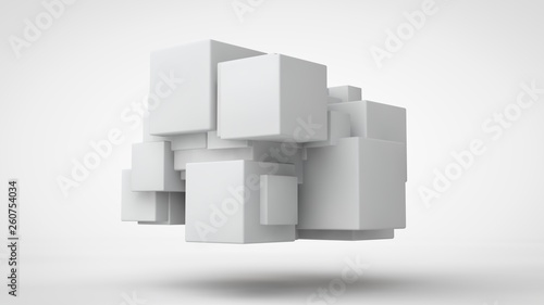3D rendering lots of white cubes in space  randomly arranged  of different sizes  hanging in the air. Abstract representation of geometrically correct objects. Isolated on white background